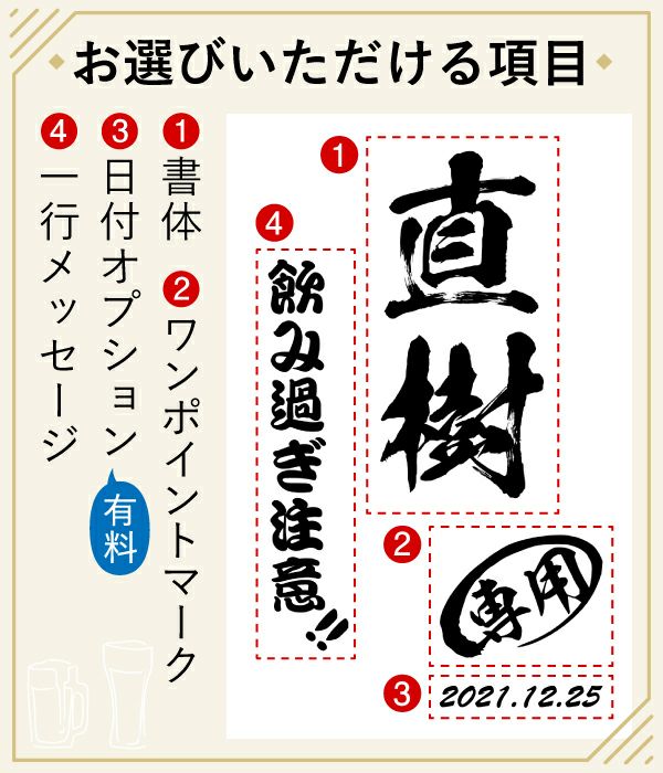 当店の名入れ 名前入り 商品にてお選びいただける項目の紹介です。お誕生日、還暦祝いなど、用途に合わせてデザインをお選びいただけます。