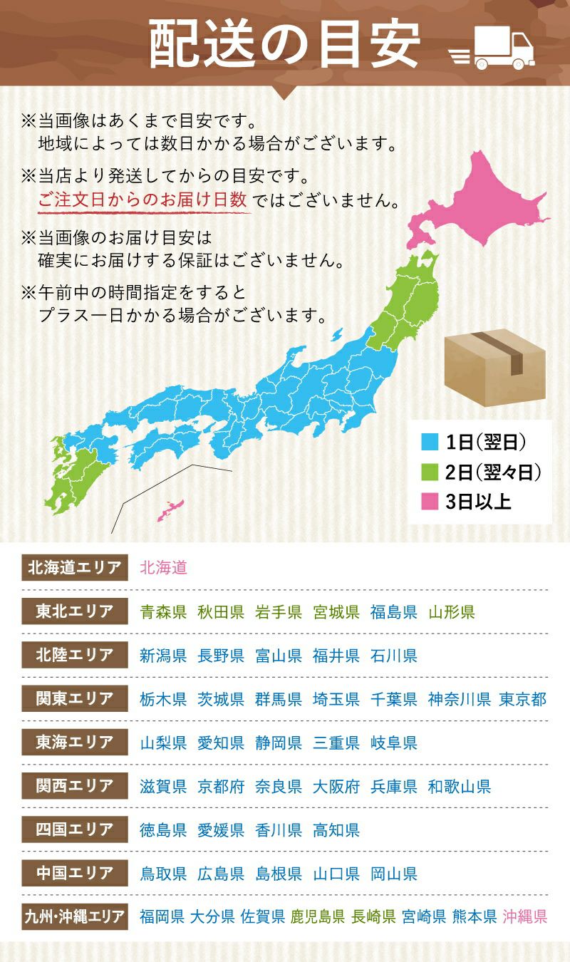 当店から発送してからお届けまでにかかる日数の目安です。プレゼント直送の場合は相手のご住所宛の日数となります。