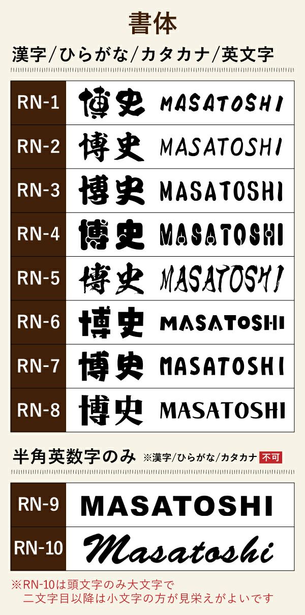 名入れ 彫刻 刻印 する文字の書体をお選びいただけます。出産祝いならばかわいい書体、退職祝いならば表札のような書体などお選びいただけます。