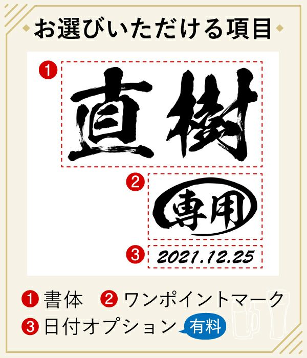 当店の名入れ 名前入り 商品にてお選びいただける項目の紹介です。お誕生日、還暦祝いなど、用途に合わせてデザインをお選びいただけます。