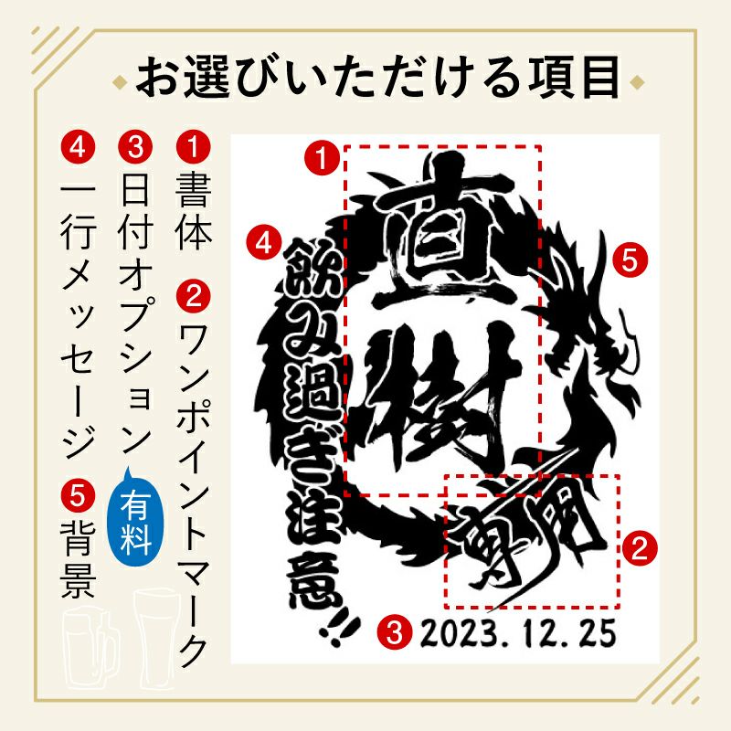 当店の名入れ 名前入り 商品にてお選びいただける項目の紹介です。お誕生日、還暦祝いなど、用途に合わせてデザインをお選びいただけます。