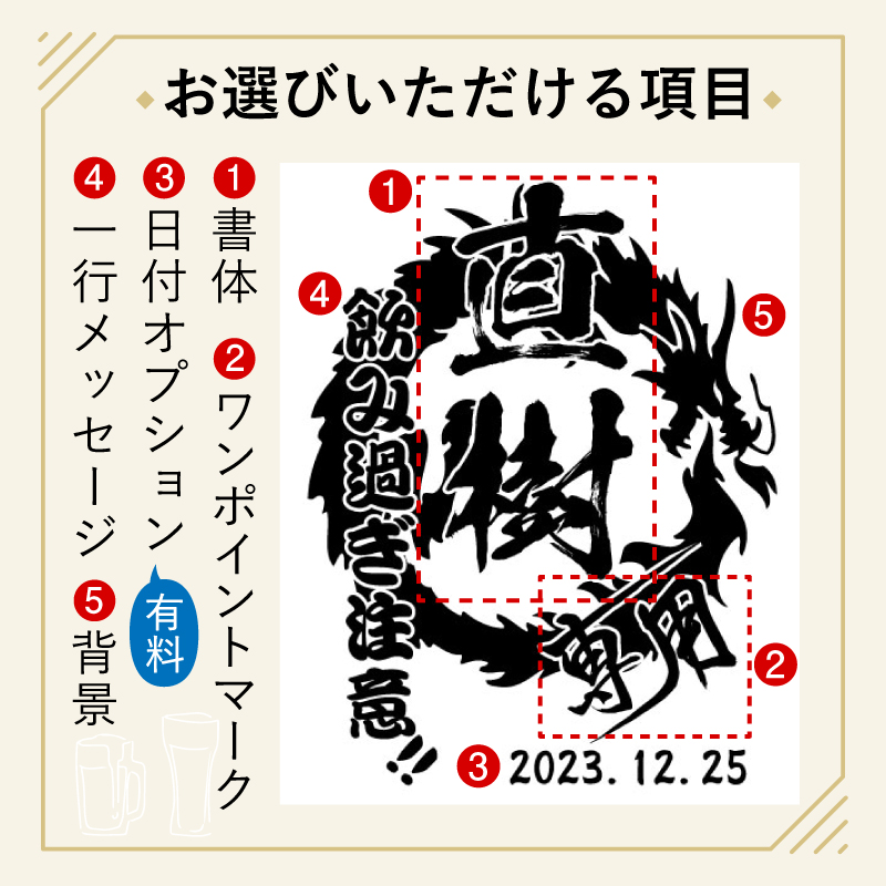 当店の名入れ 名前入り 商品にてお選びいただける項目の紹介です。お誕生日、還暦祝いなど、用途に合わせてデザインをお選びいただけます。