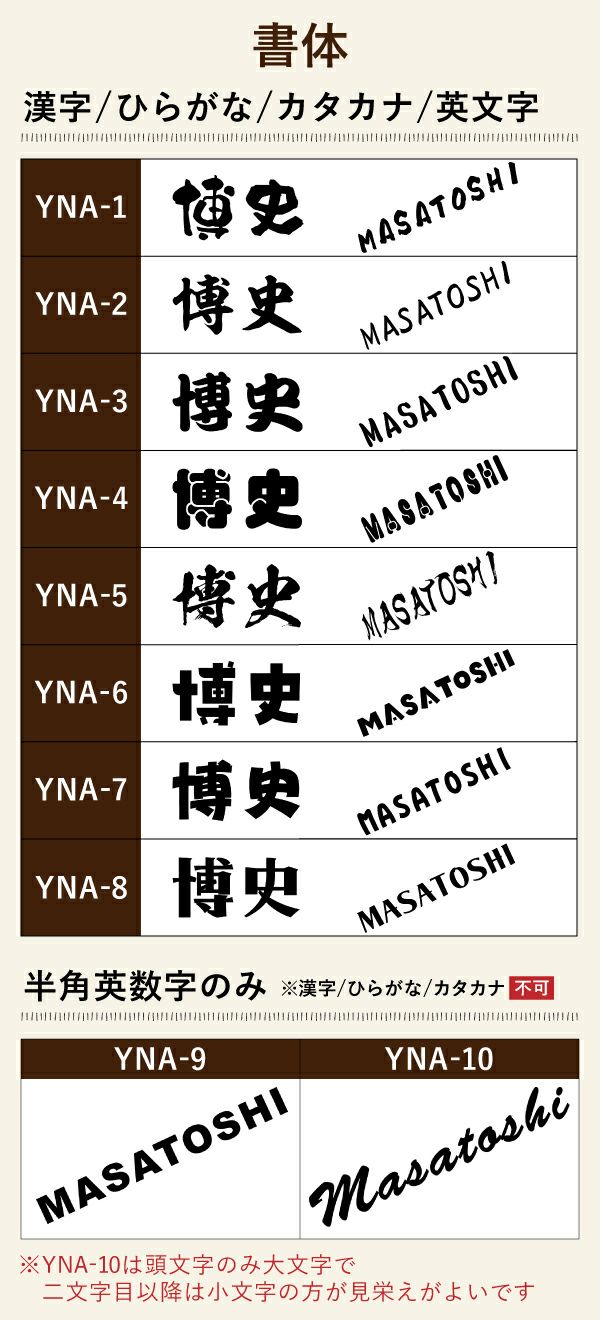 名入れ 彫刻 刻印 する文字の書体をお選びいただけます。出産祝いならばかわいい書体、退職祝いならば表札のような書体などお選びいただけます。