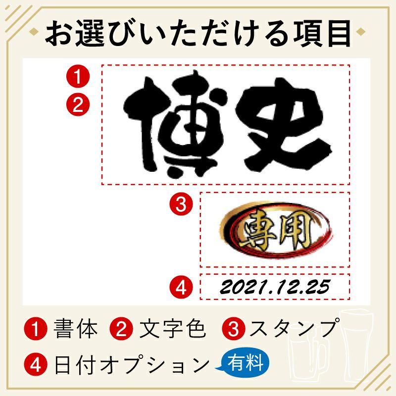 当店の名入れ 名前入り 商品にてお選びいただける項目の紹介です。お誕生日、還暦祝いなど、用途に合わせてデザインをお選びいただけます。