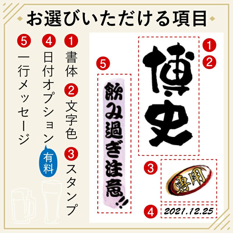 当店の名入れ 名前入り 商品にてお選びいただける項目の紹介です。お誕生日、還暦祝いなど、用途に合わせてデザインをお選びいただけます。