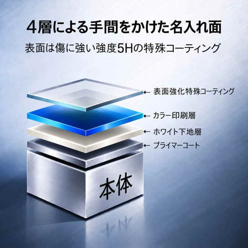 名入れプリント/名前入りグッズの名前部分は強固な特殊コーティングでプリント面は強度5Hで傷にも強い。