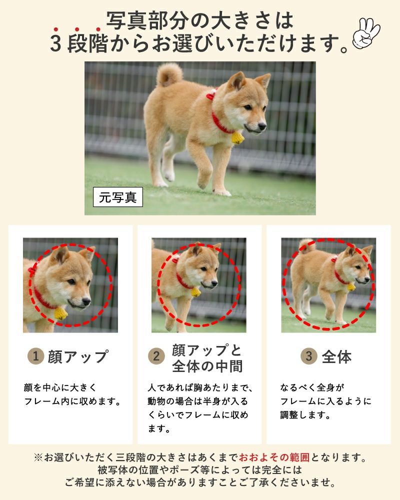 写真プリントの顔の大きさを選べます。顔アップ、全体、顔アップと全体の中間が選べます。おじいちゃん、おばあちゃんへのプレゼントが人気です。