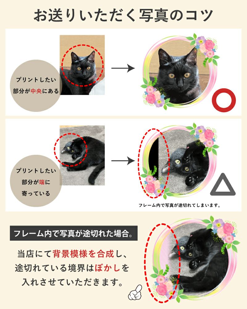 お送りいただく写真の撮影のコツを記載します。被写体が中央にくるように余白に余裕をもって撮影してください。