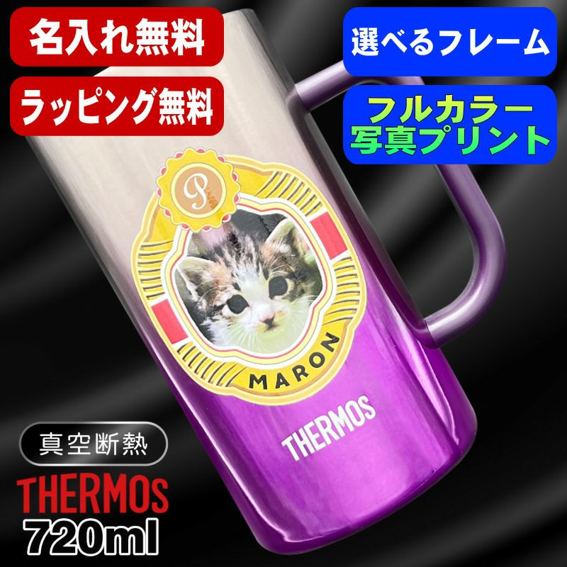写真入り ビールジョッキ サーモス 名入れ プレゼント 真空断熱 保温 保冷 ステンレス 名前入り ペット うちの子 写真 グッズ 犬 猫 ペットオリジナルグッズ プリント 印刷 ビアグラス おしゃれ ビールグラス ギフト 720ml 青緑 紫 JDK-721C 単品 ビアジョッキ PSYN-17