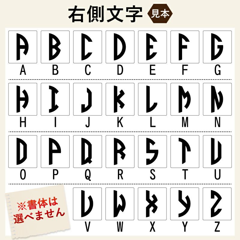 名入れアルファベットの書体見本の続きです。名前入り　彫刻、刻印の頭文字のアルファベットです。誕生日プレゼントにも最適です。