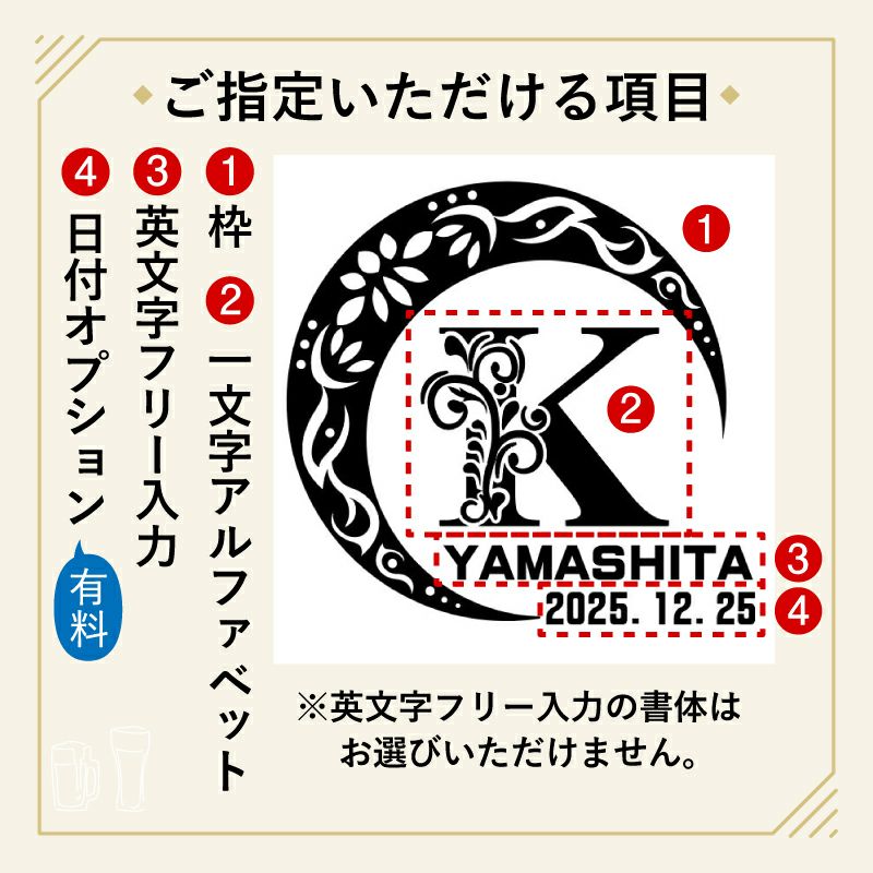 当店の名入れ 名前入り 商品にてお選びいただける項目の紹介です。お誕生日、還暦祝いなど、用途に合わせてデザインをお選びいただけます。